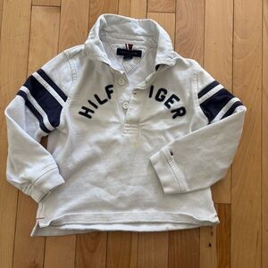 Tommy Hilfiger White Kids Rugby Polo with Navy Sleeve Stripes
